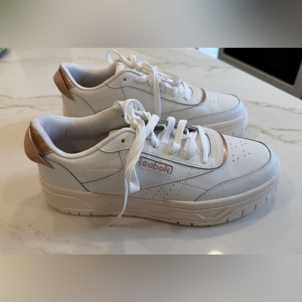 Reebok White and Rose Gold Classic Sneakers